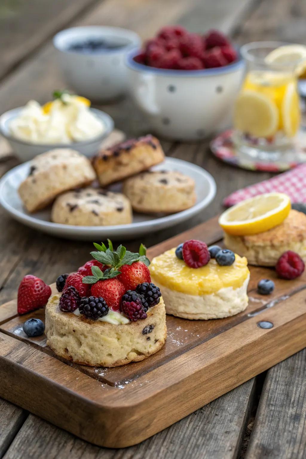 A scone station with various toppings ensures everyone relishes their preferred flavors.