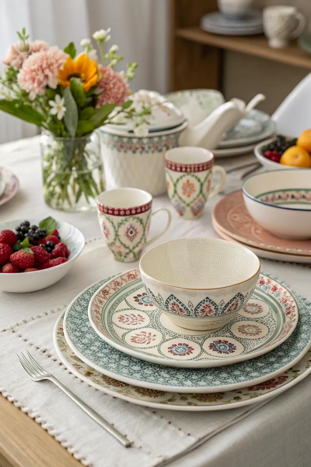 Refined layered place settings featuring elaborate designs.