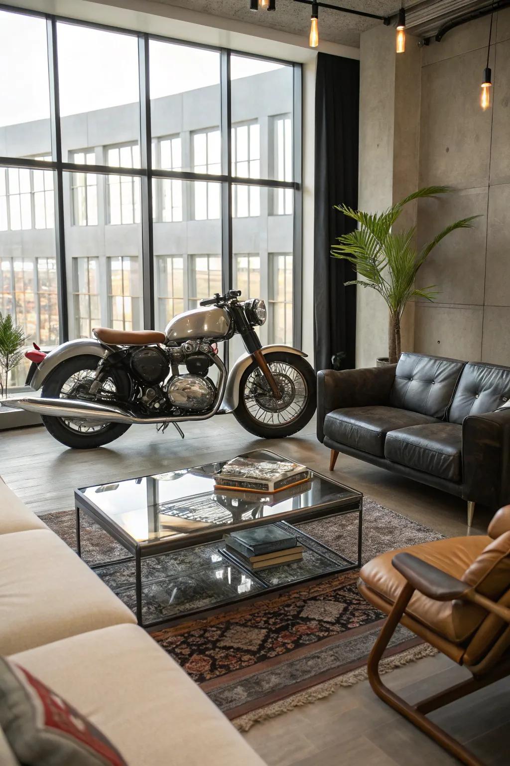A bike that serves as a daring centerpiece in a living room.