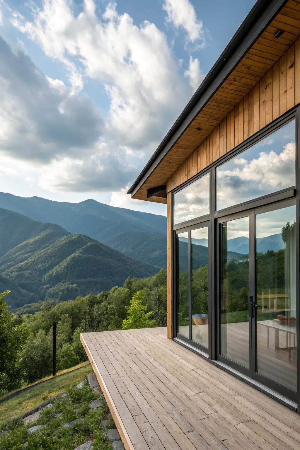 A contemporary lodge featuring wide windows providing awe-inspiring mountain views.