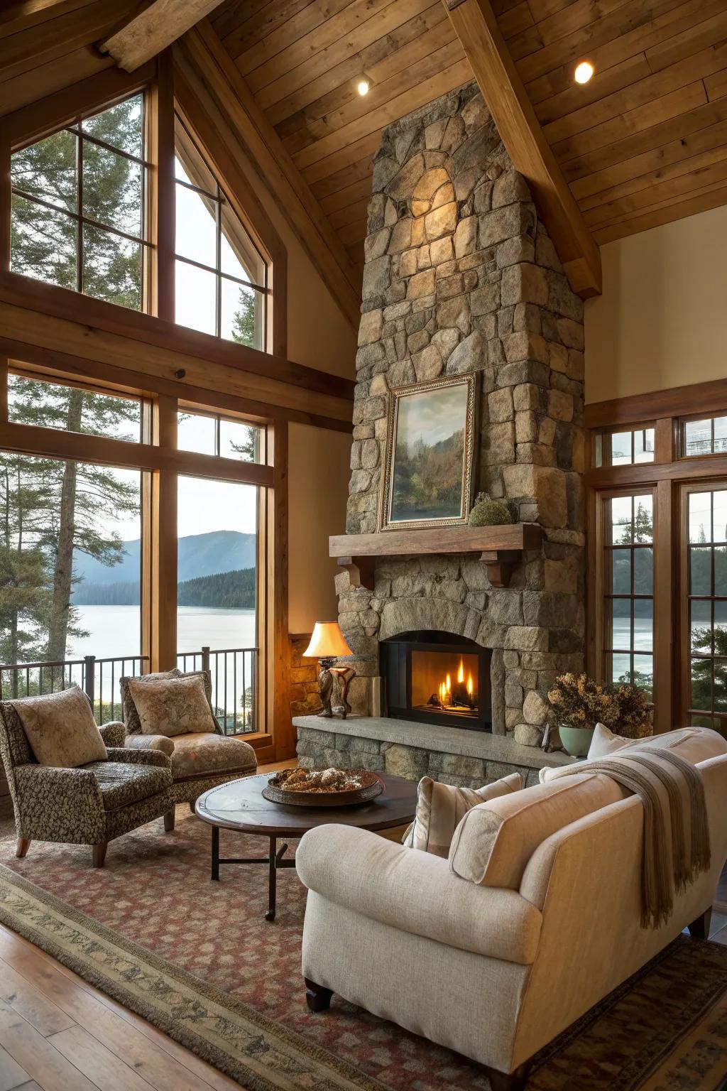 A stone fireplace crafting a comfortable meeting spot.