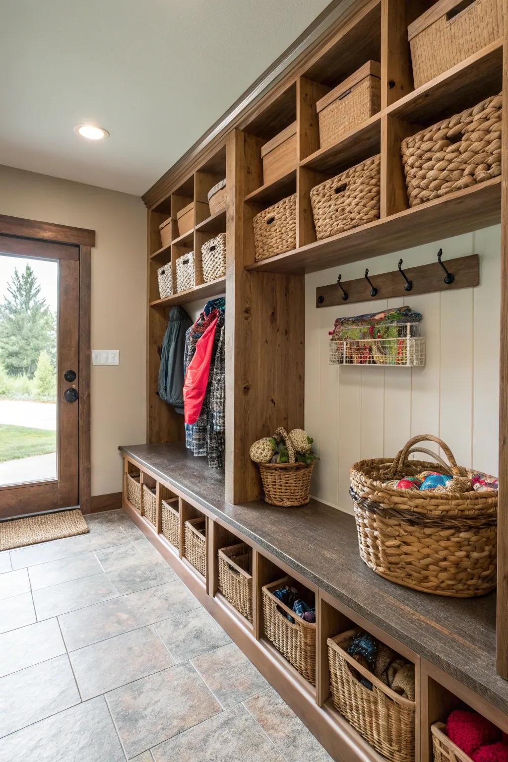 Entryway shelves displaying ornamental storage bins constructed from natural fibers for an elegant touch.