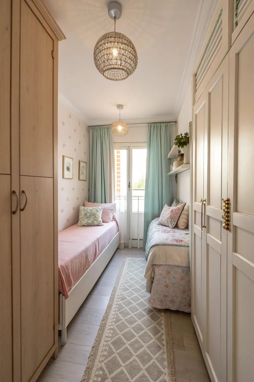Soft colors build a light and spacious vibe in a slender bedroom.