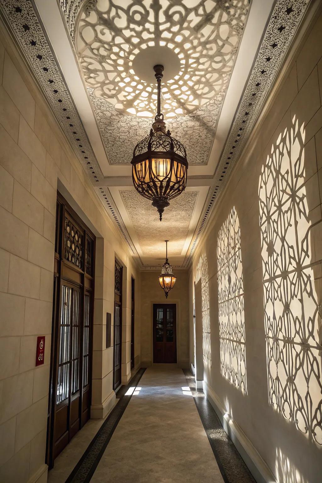 Suspended lights add persona and depth to hallways with increased ceiling heights.