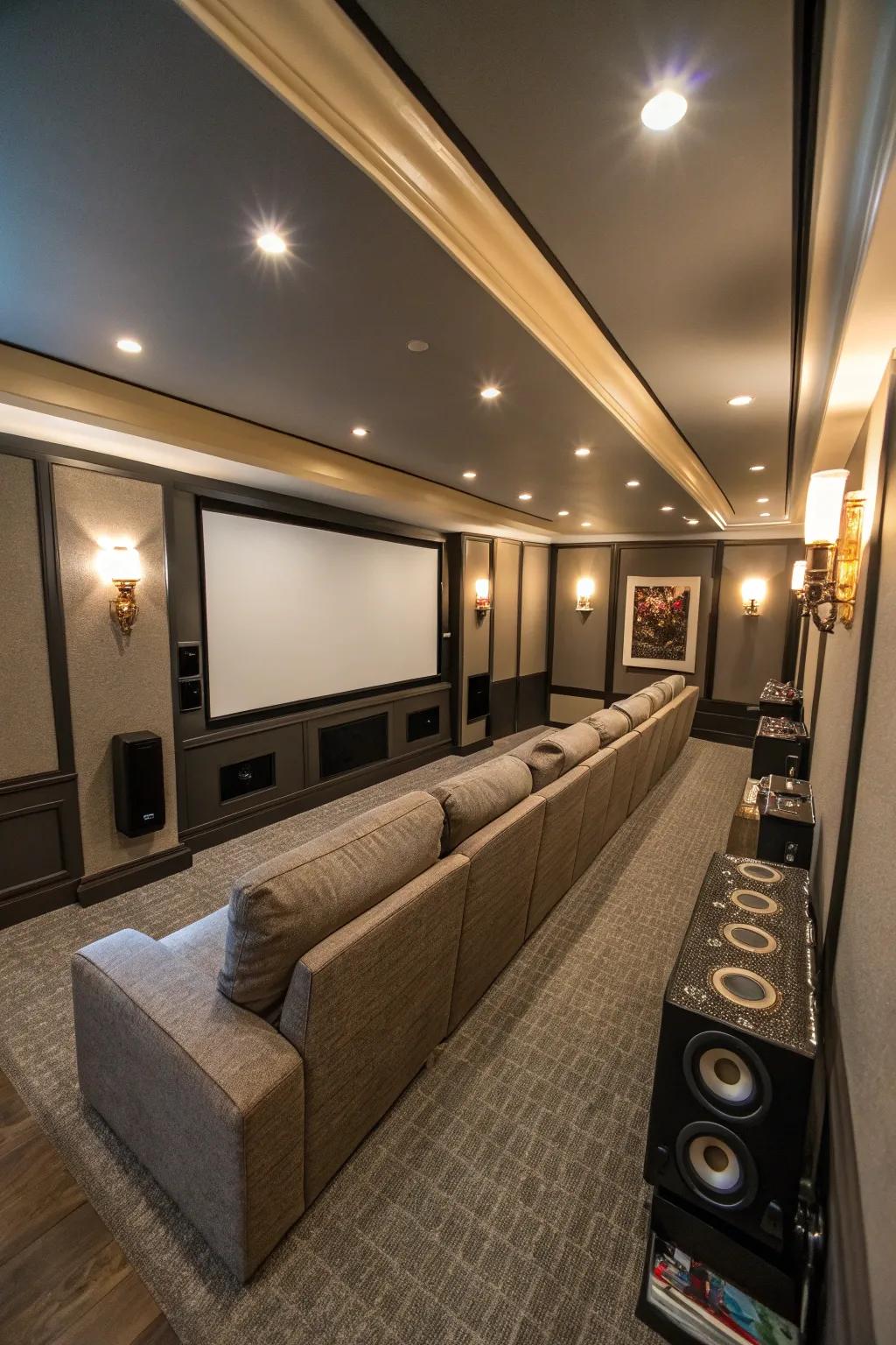 Built-in seating offers a streamlined solution for narrow theaters.