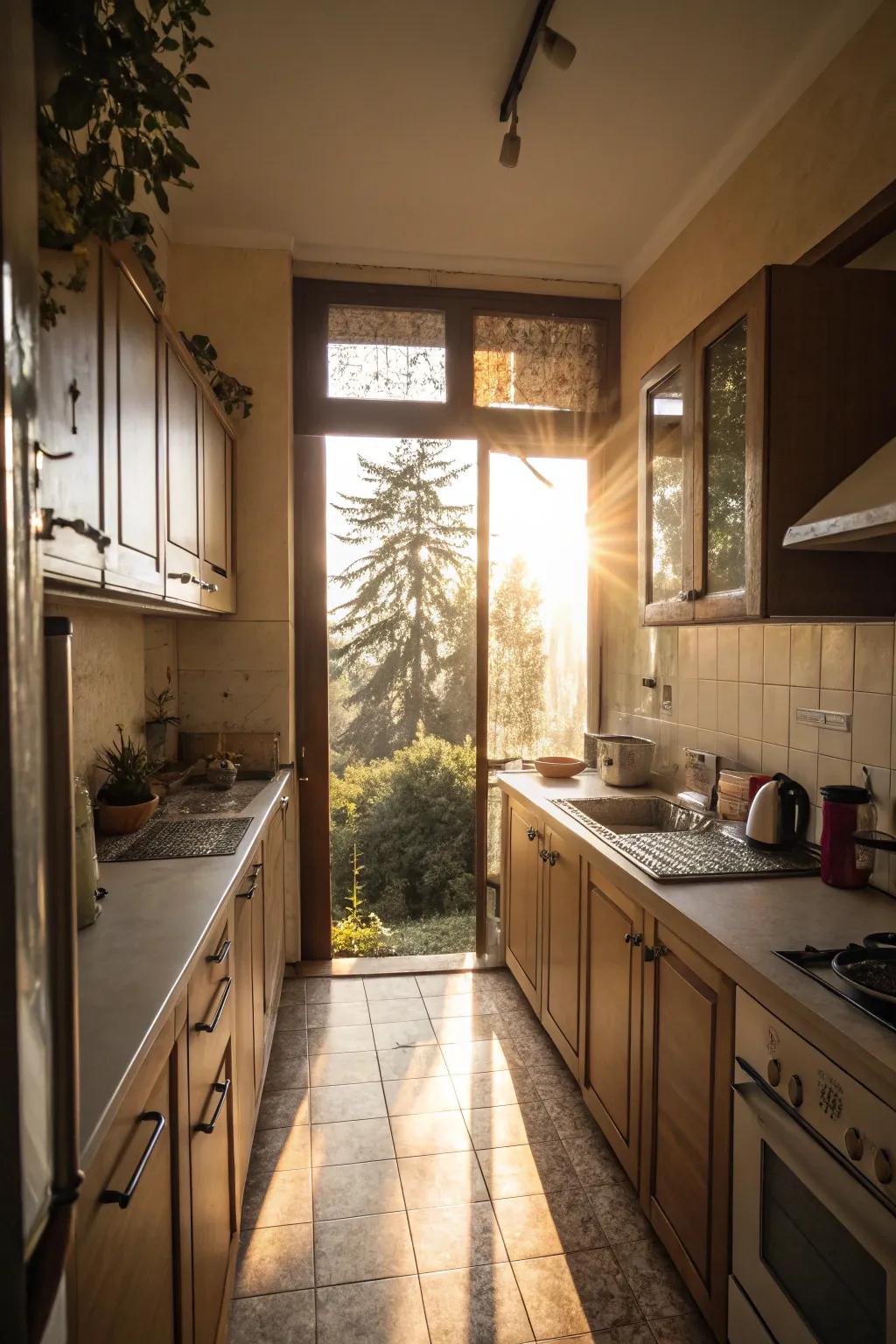 Natural radiance transforms a narrow kitchen into a vibrant refuge.