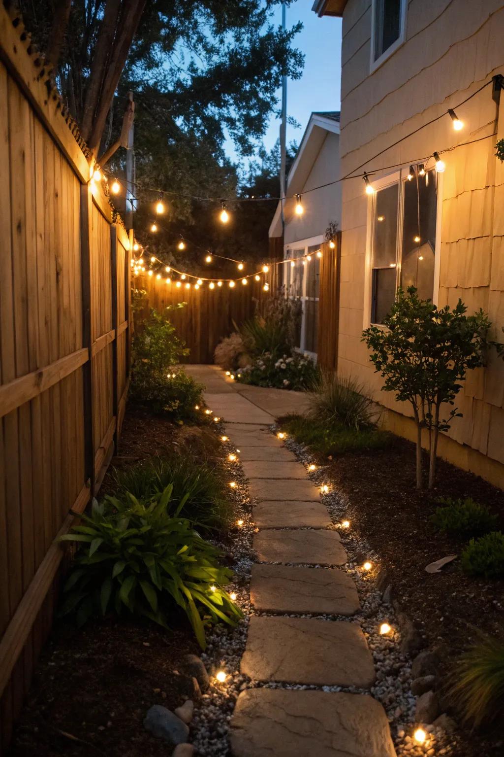 Subtle lighting transforms a side yard into a serene nighttime escape.