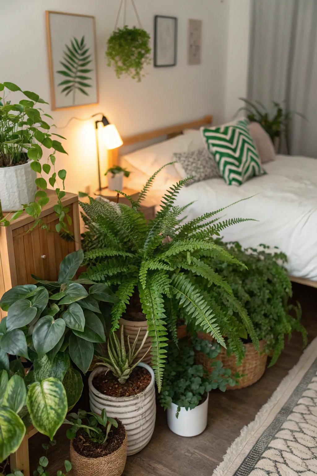 Houseplants add a touch of nature to this bedroom corner.