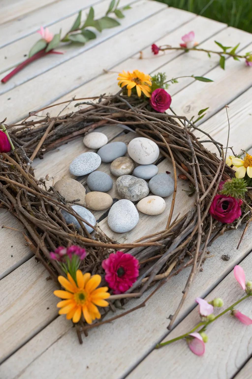 An artistic collage incorporating natural elements such as slender branches and stones.