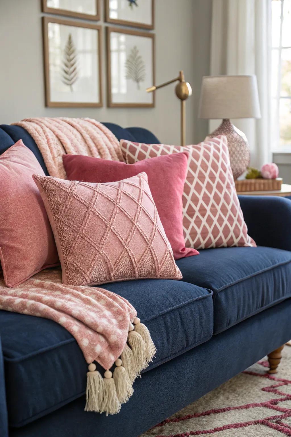 Rose scatter cushions bring a playful accent to a sapphire sofa.