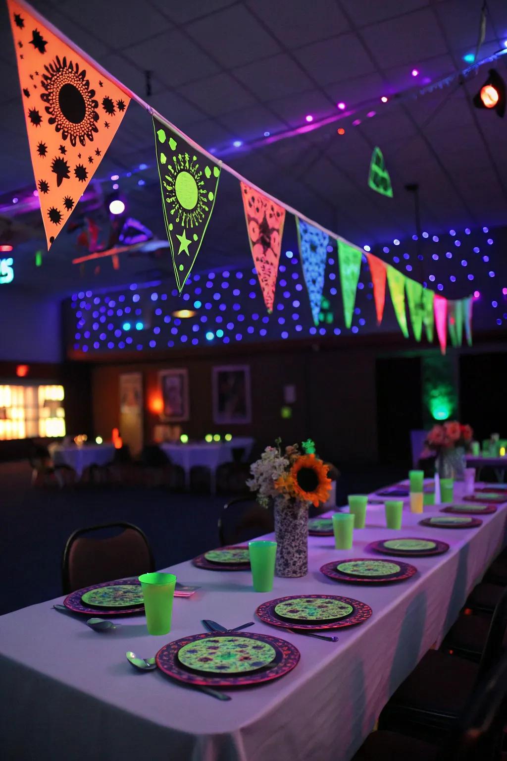 Handmade glow-in-the-dark banners and table settings adding a distinctive touch to a neon-inspired party.