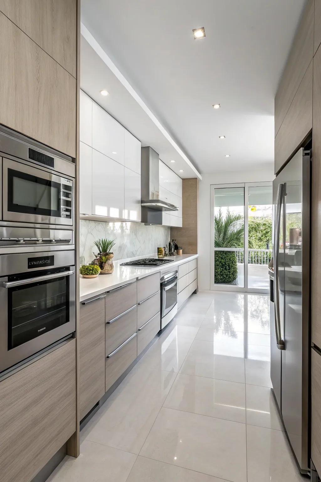 A kitchen showcasing coordinated stainless steel appliances, enhancing its elegant, modern layout.