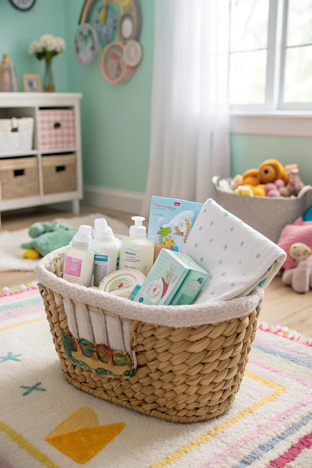 A practical gift basket containing essential baby items.