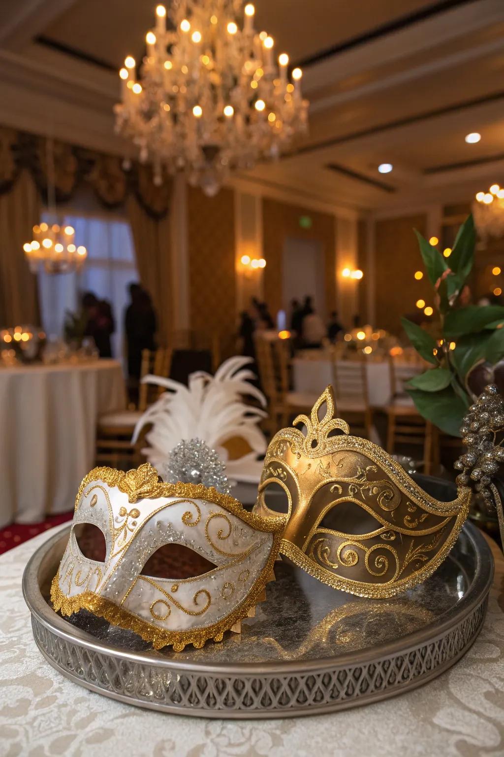 Secret identity masks add a layer of intrigue to the New Year's Eve festivities.