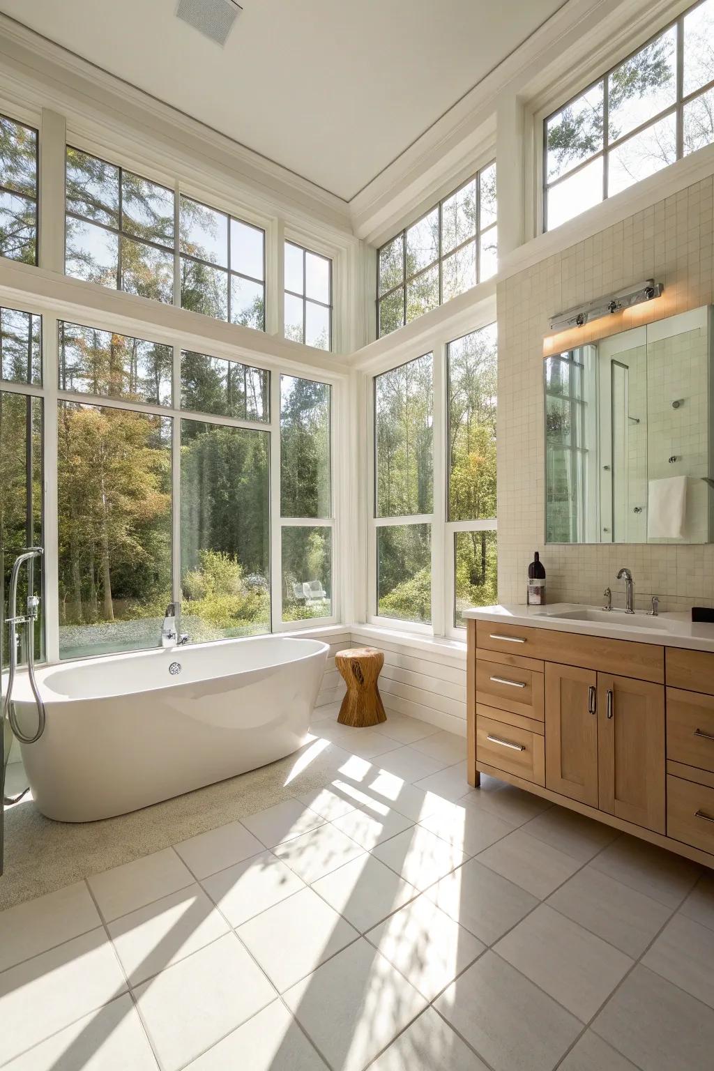 A sunny bathroom lit by natural light through big windows.