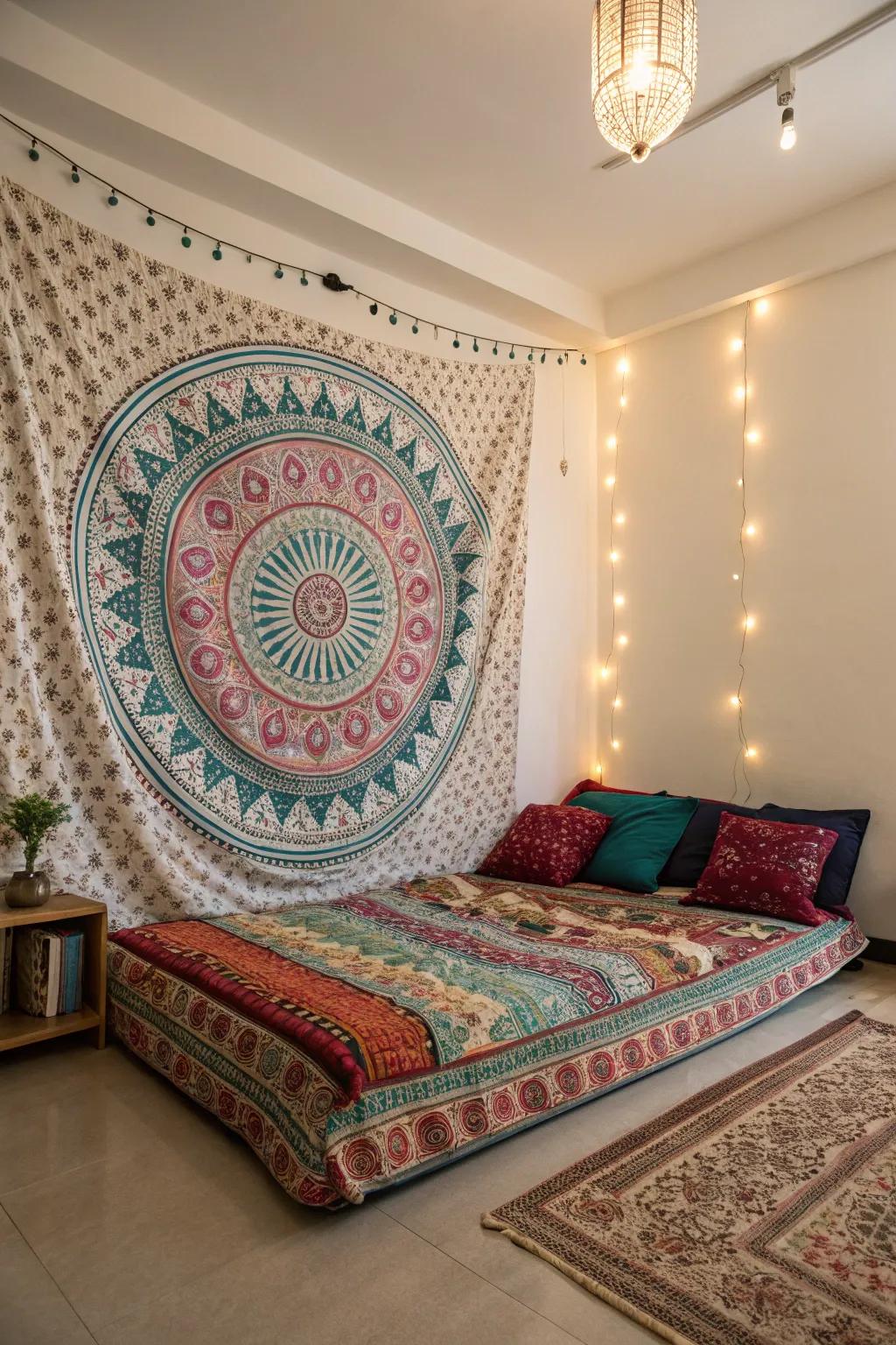 Using a tapestry can act as a creative stand-in for a headboard.