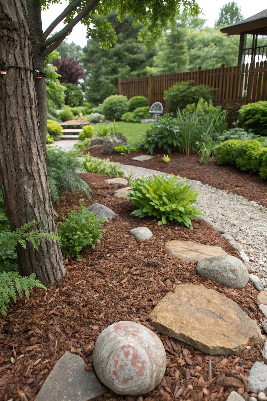 A tranquil garden utilizing ground covering for stress-free care.