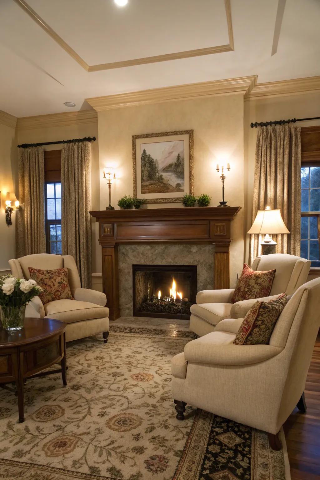 A fireplace offers warmth and becomes a natural meeting place.
