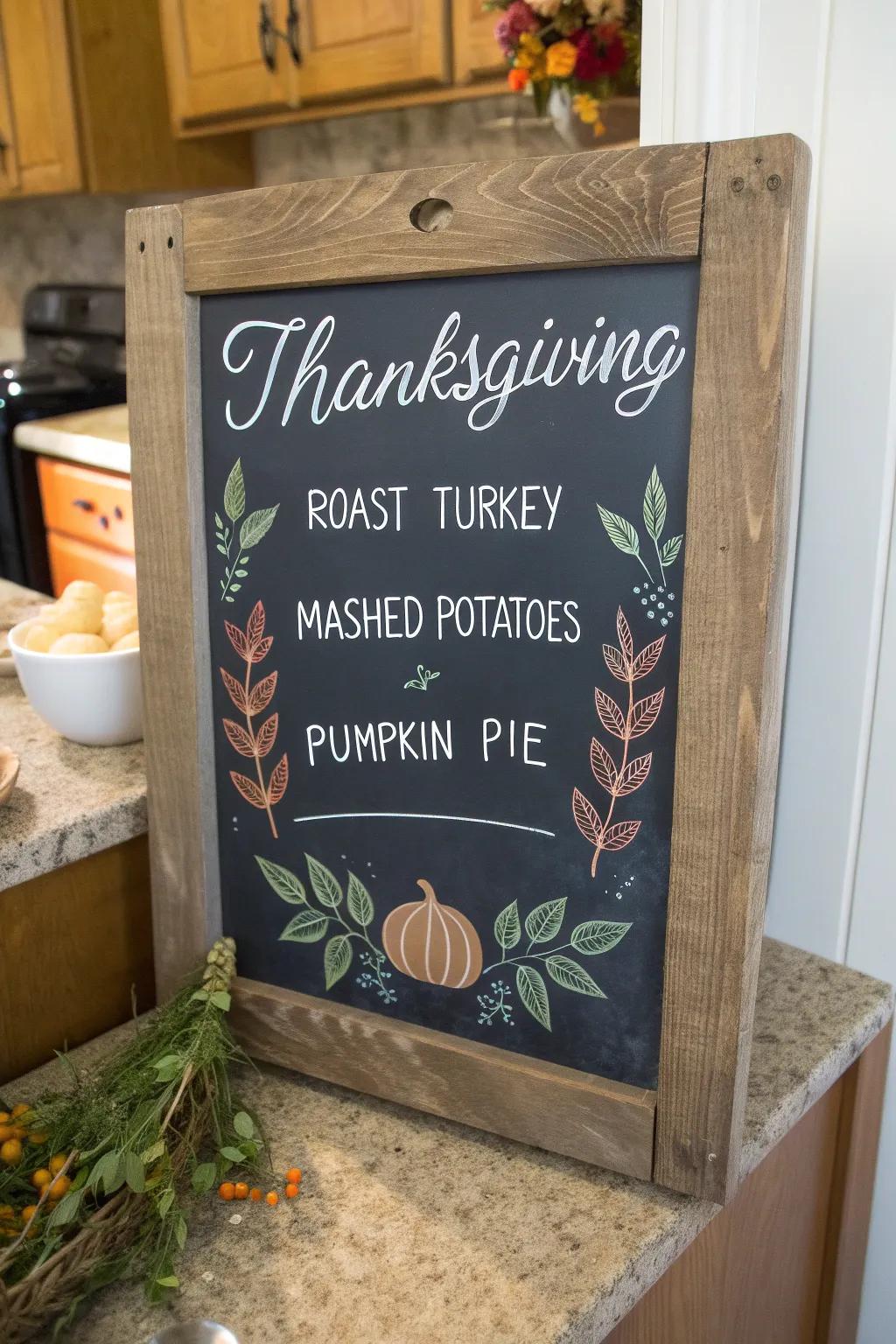 An elegant Thanksgiving feast offerings chalkboard that establishes the mood for a joyous get-together.