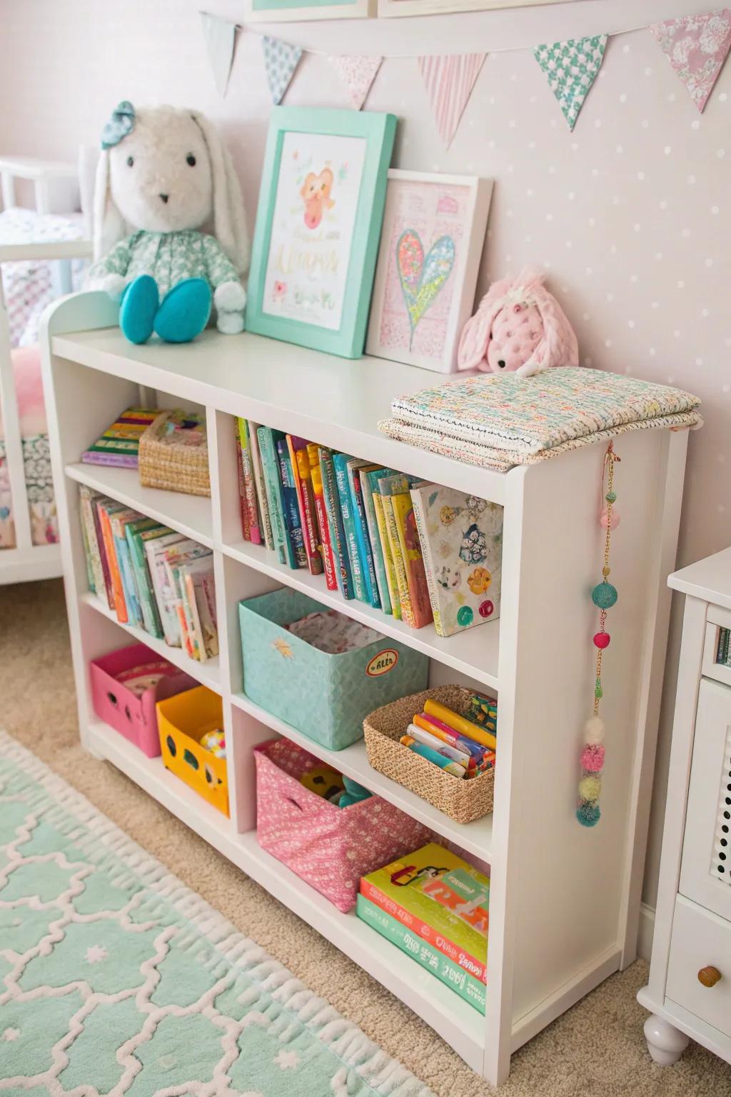 Open shelving displaying playthings and reading material in a nursery.