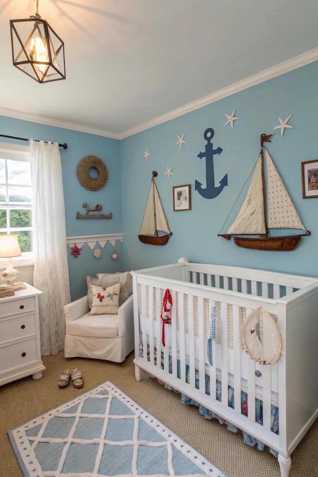 A seaside-inspired nursery featuring seaside azure shades.