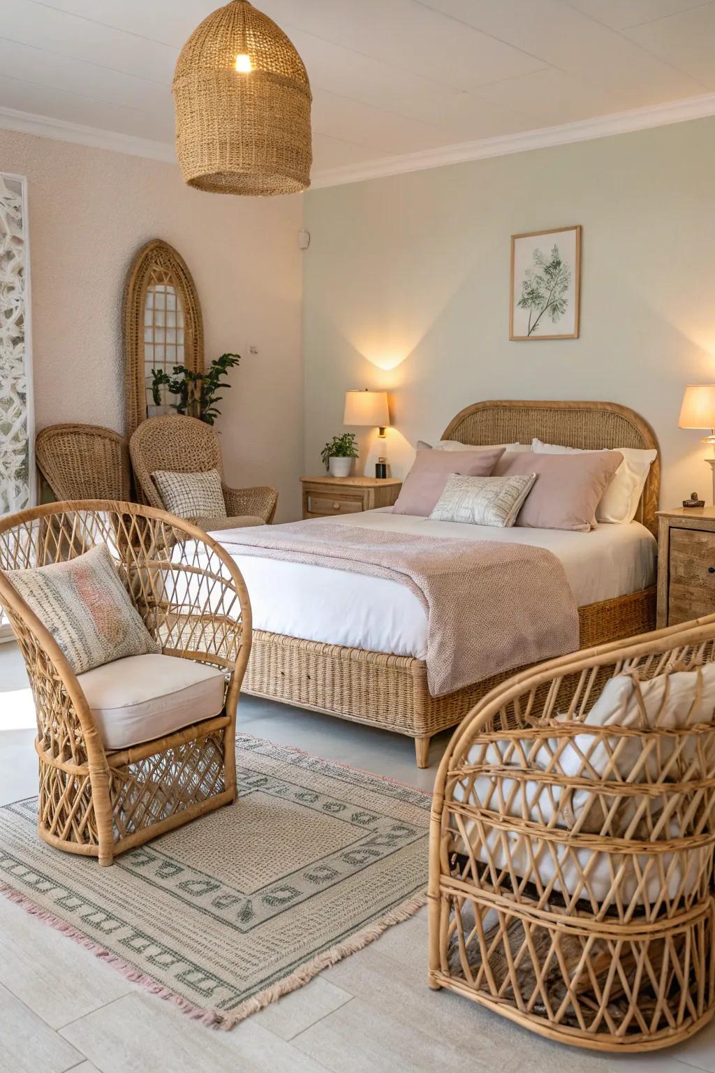 Rattan and wicker elements give a natural impression to your ocean-inspired space.