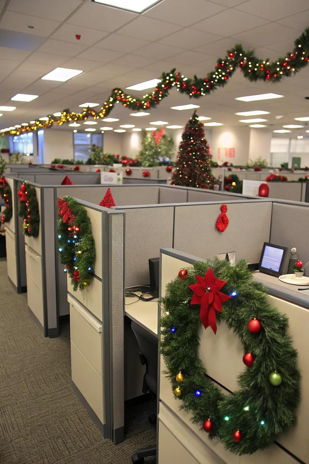 Themed layouts bring cohesive holiday joy to the office.