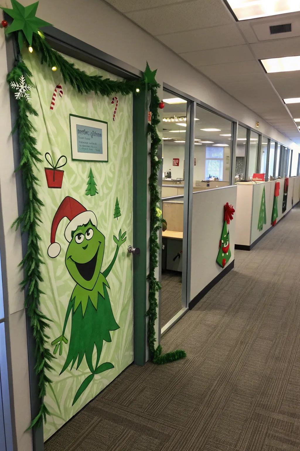 Bring mischief using a Grinch-themed door design.