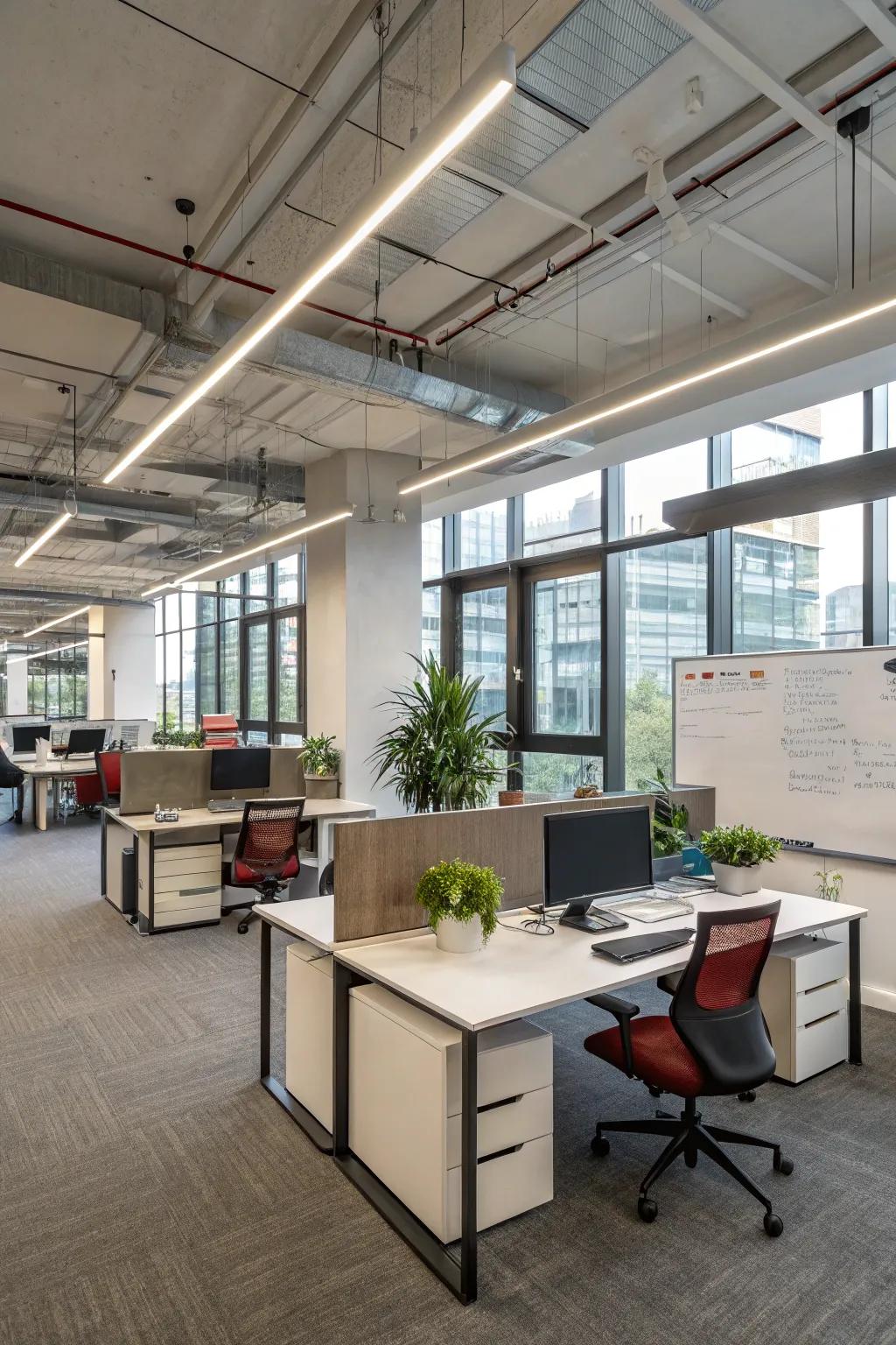 Shared office lighting makes sure the workspace is bright and boosts output.