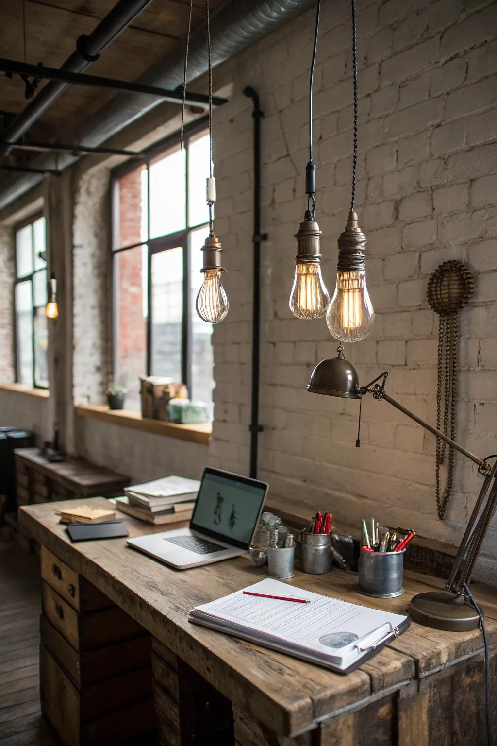 Produce an urban industrial look through metal hanging lights and uncovered bulbs.