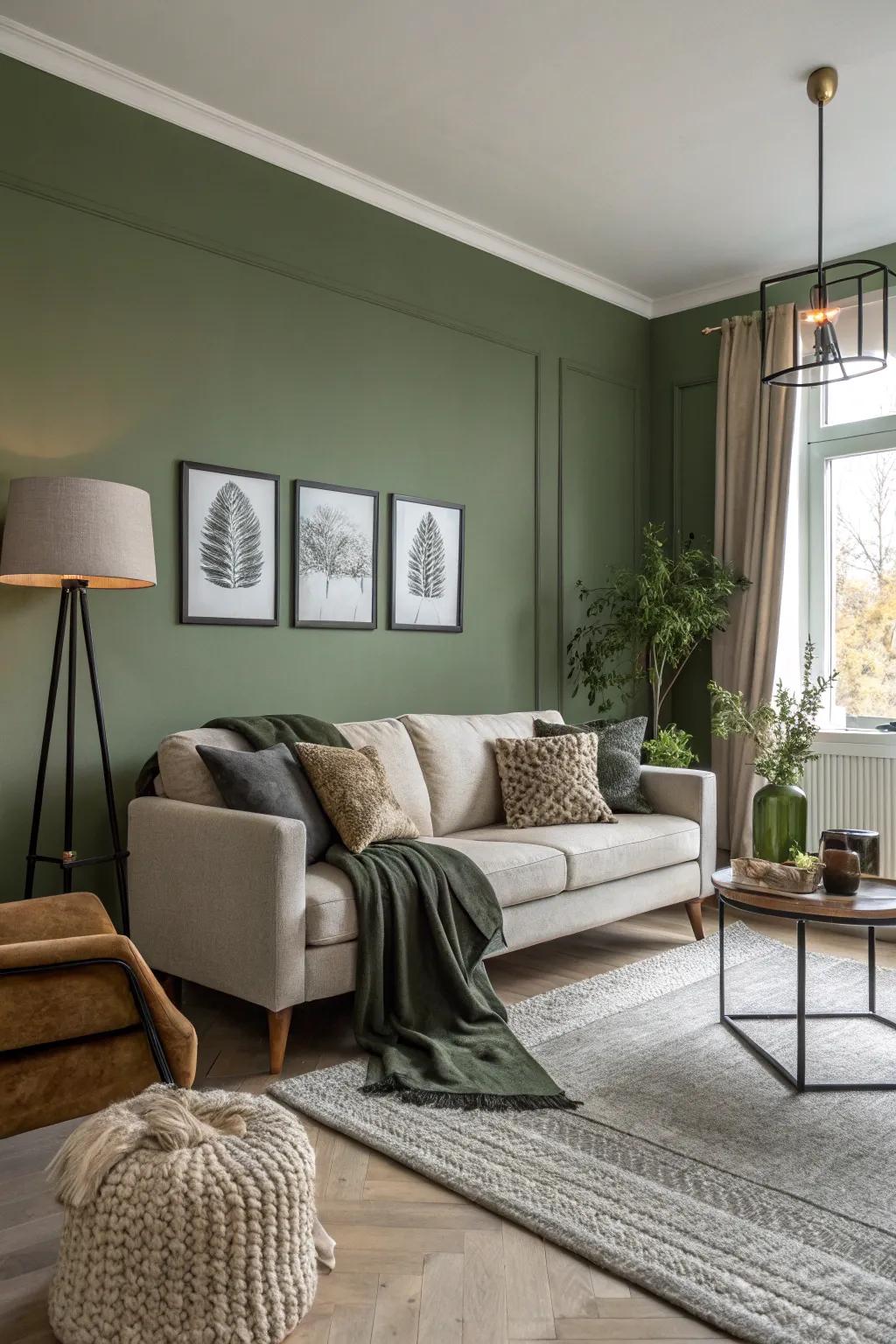 Contemporary and comfortable aspects peacefully coexist alongside leafy green walls.