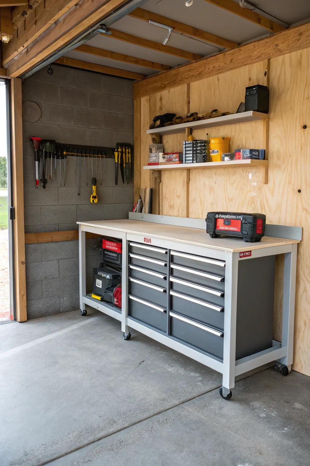 A fold-away workbench enhances functionality without sacrificing space.