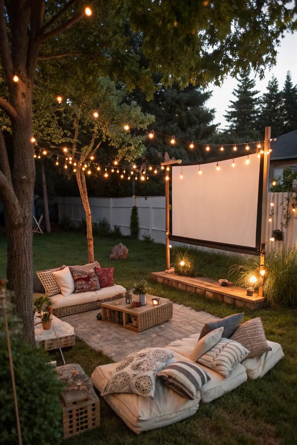A captivating backyard transformed into a movie haven beneath the stars.