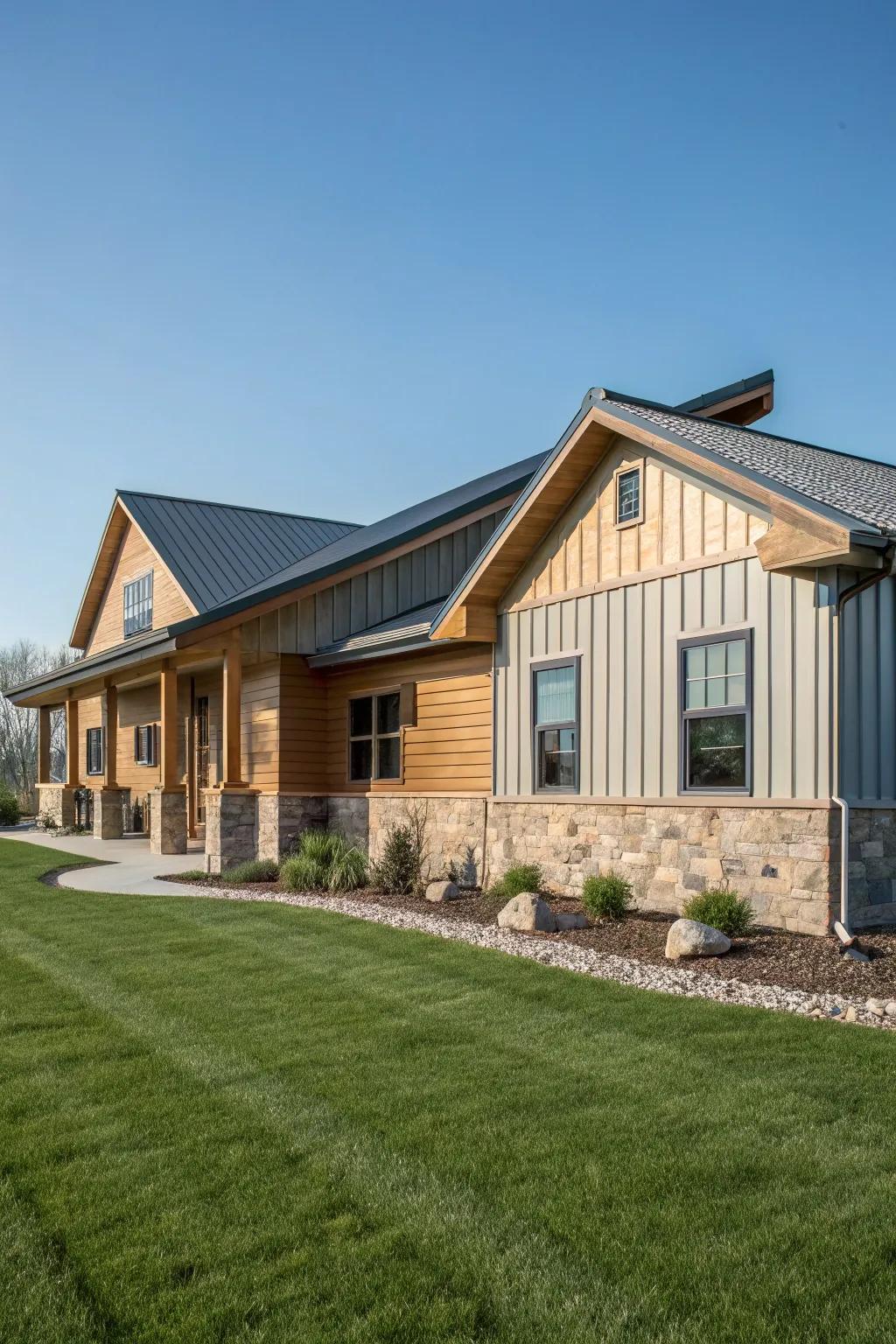 A blend of materials lends depth and distinct character to this ranch home.