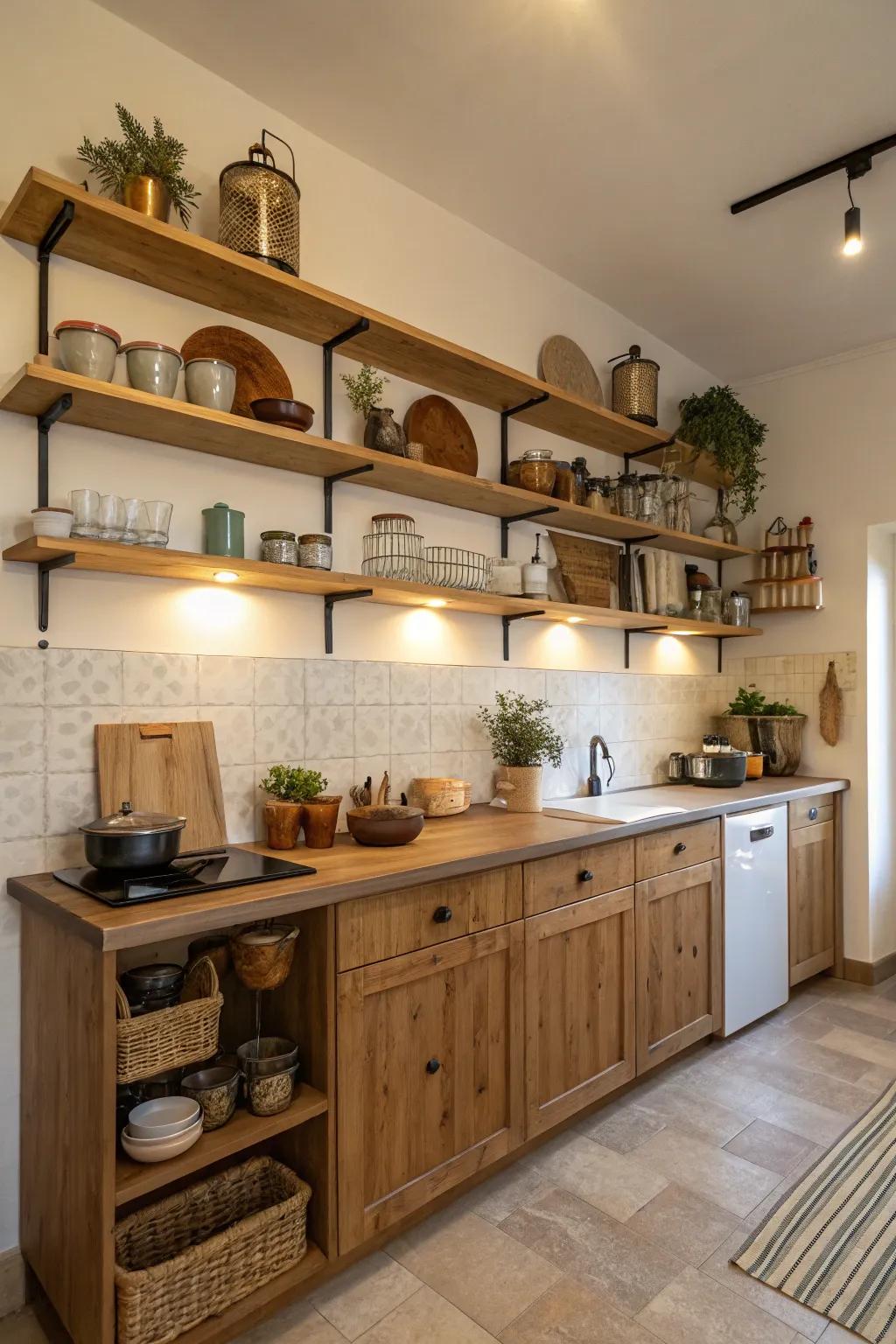Open storage in a galley kitchen showcasing attractive cooking utensils.