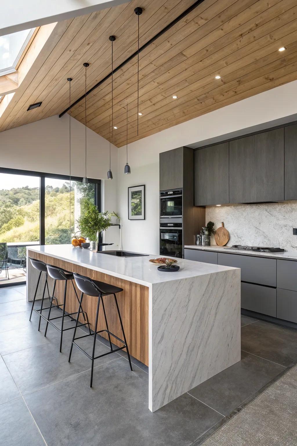 An angled island bringing a distinctive twist to the typical kitchen arrangement.
