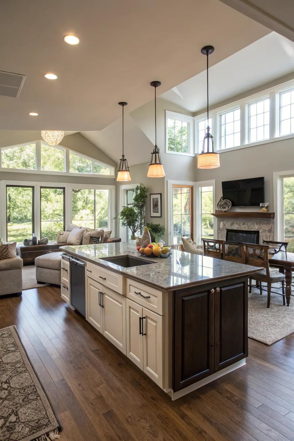 A versatile cooking peninsula acts as the central feature in an open-plan space.