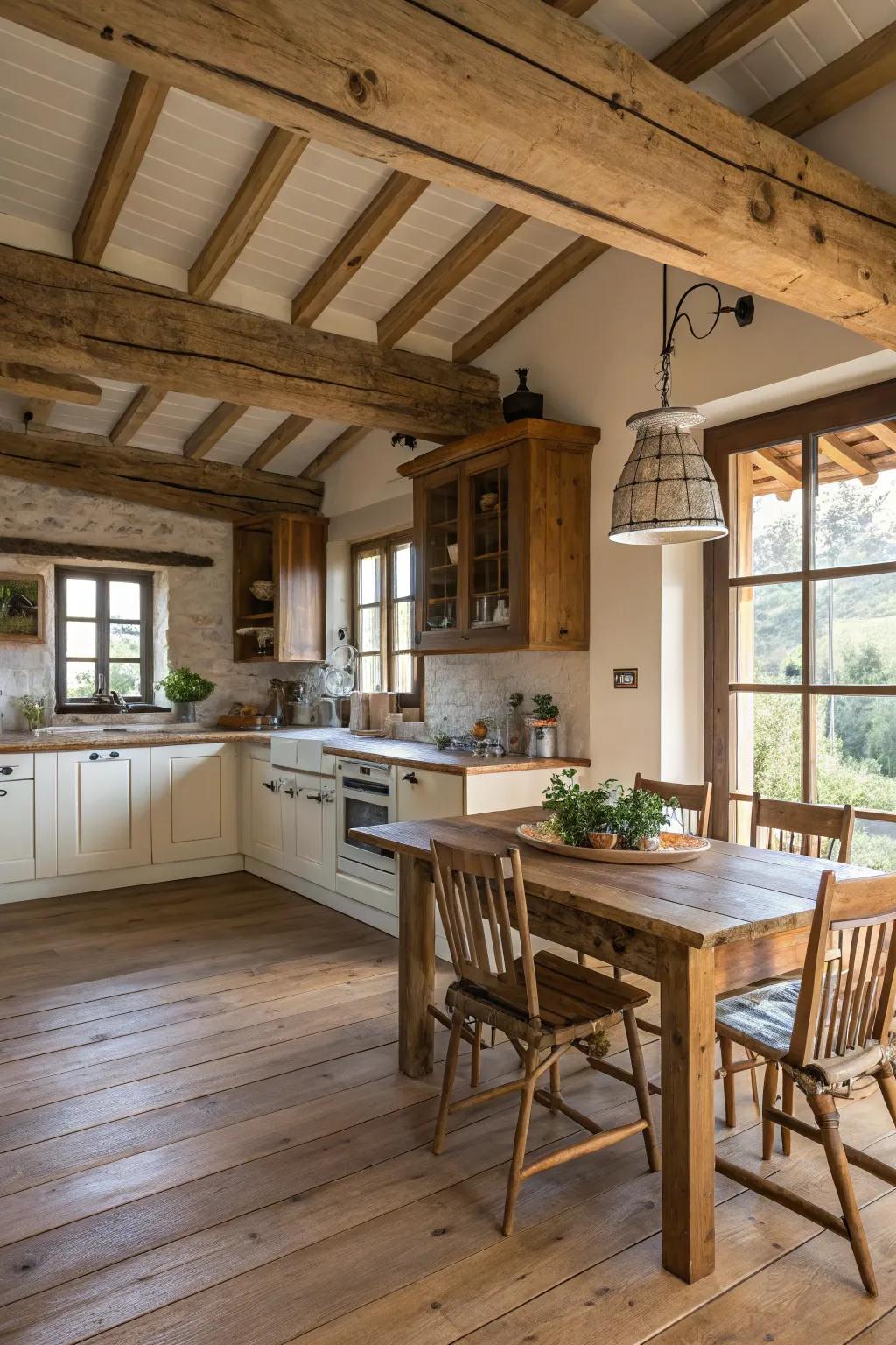 Wooden rafters and flooring contribute warmth to the kitchen's atmosphere.