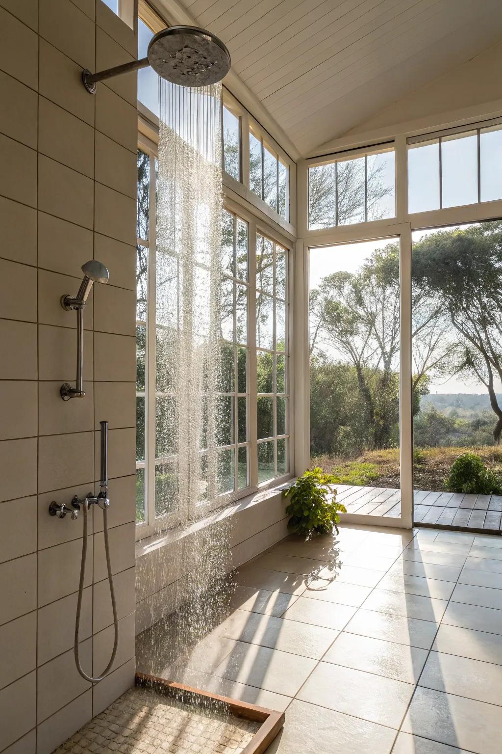 Sunshine enhances the open sensation and links your shower with nature.