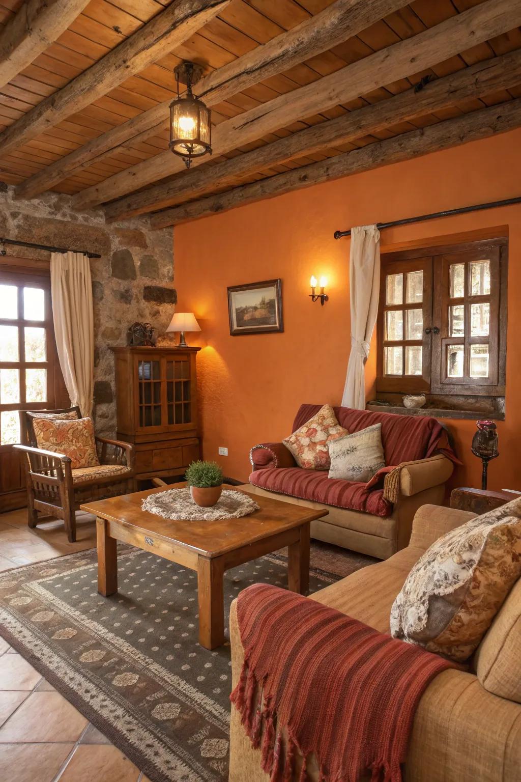 A rustic living room showcasing orange walls and wooden furnishings, crafting a cozy retreat.
