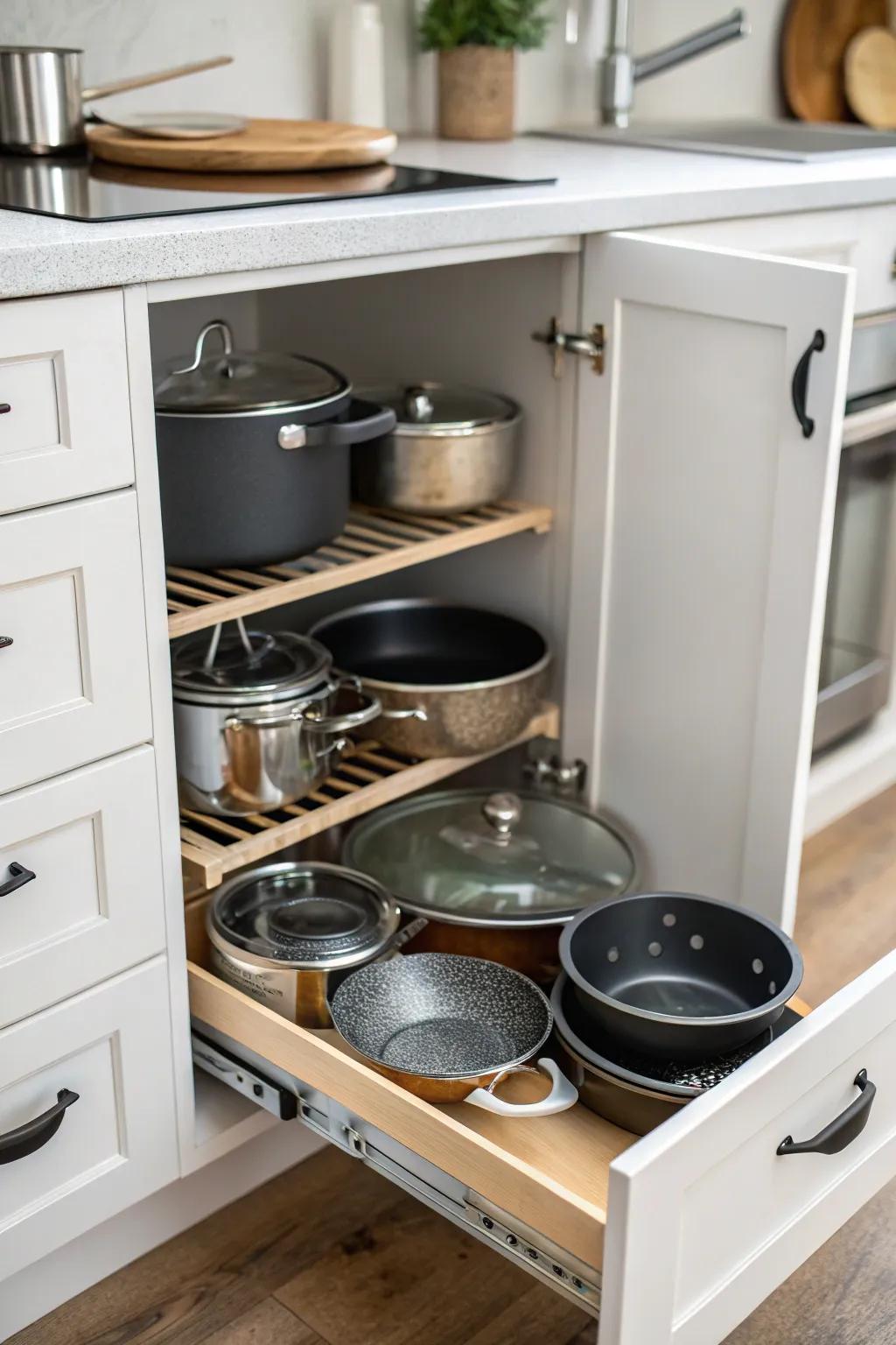 Cupboard with separators keeping cookware in order.
