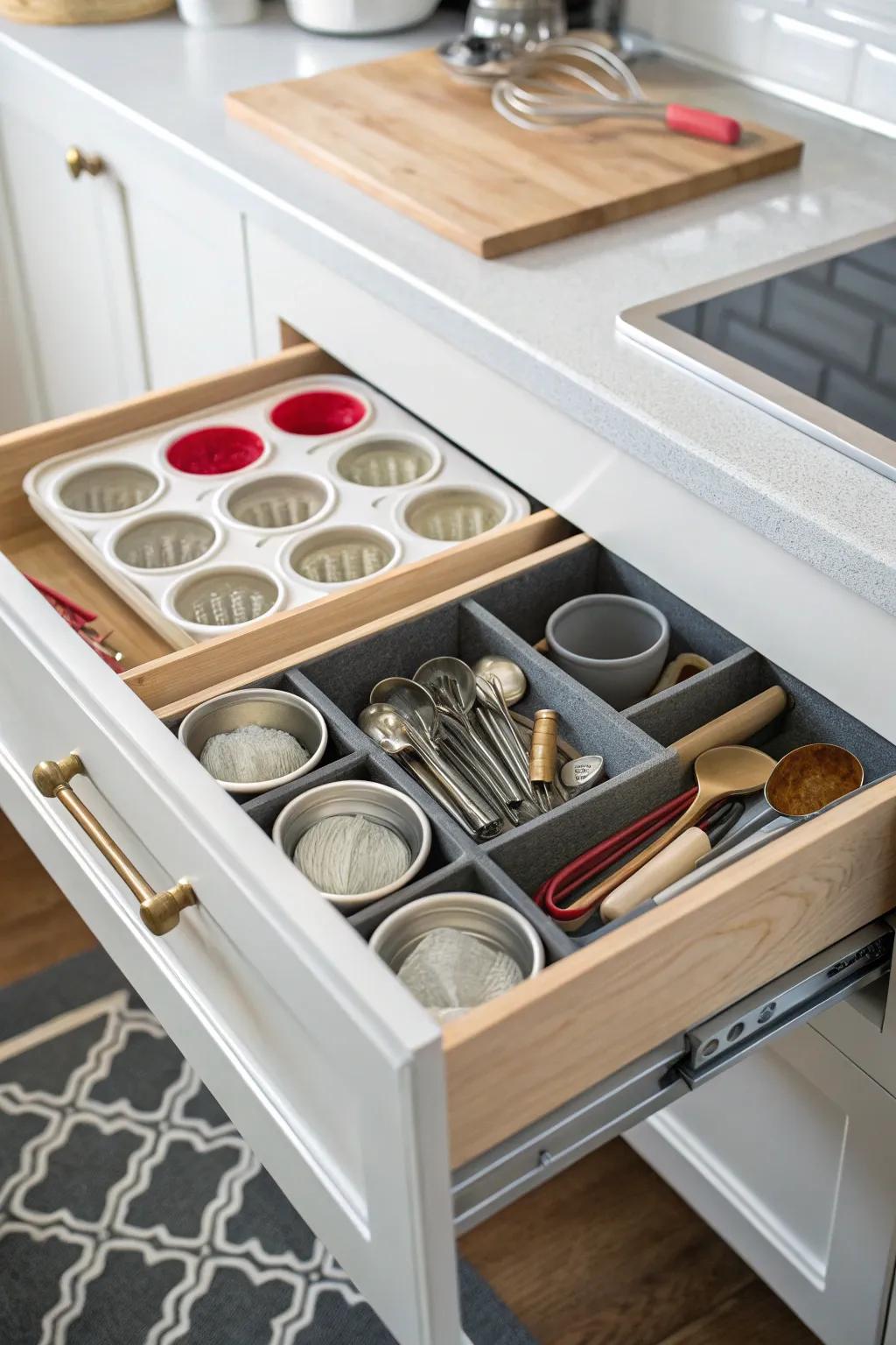 Drawer segregators maintain neat and accessible implement arrangement.