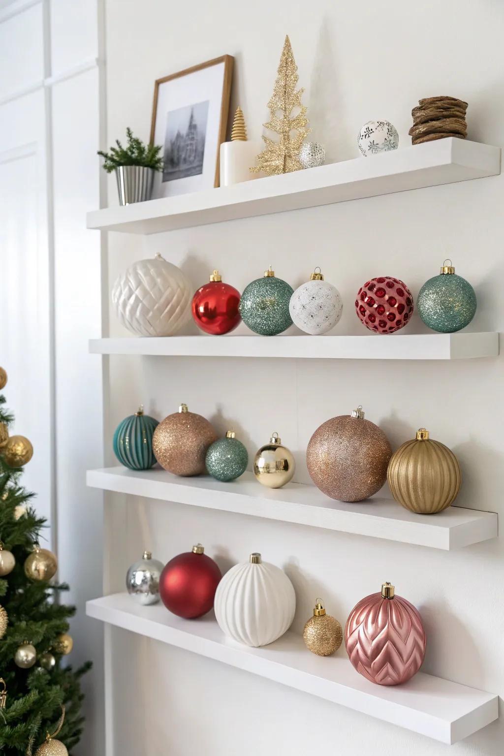 Soaring ledges displaying a spectrum of ornaments in a layered arrangement.