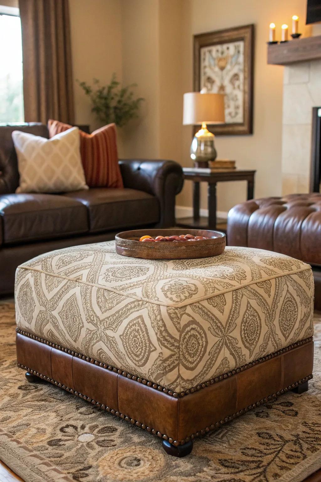 Fabric footrest and leather accents layered to create texture.