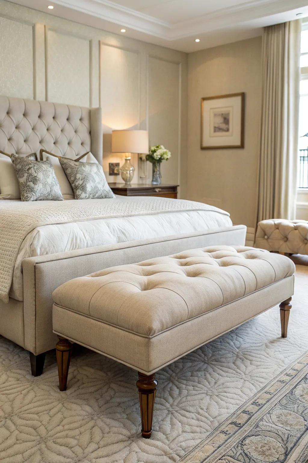 A plush ottoman amplifying bedroom luxury