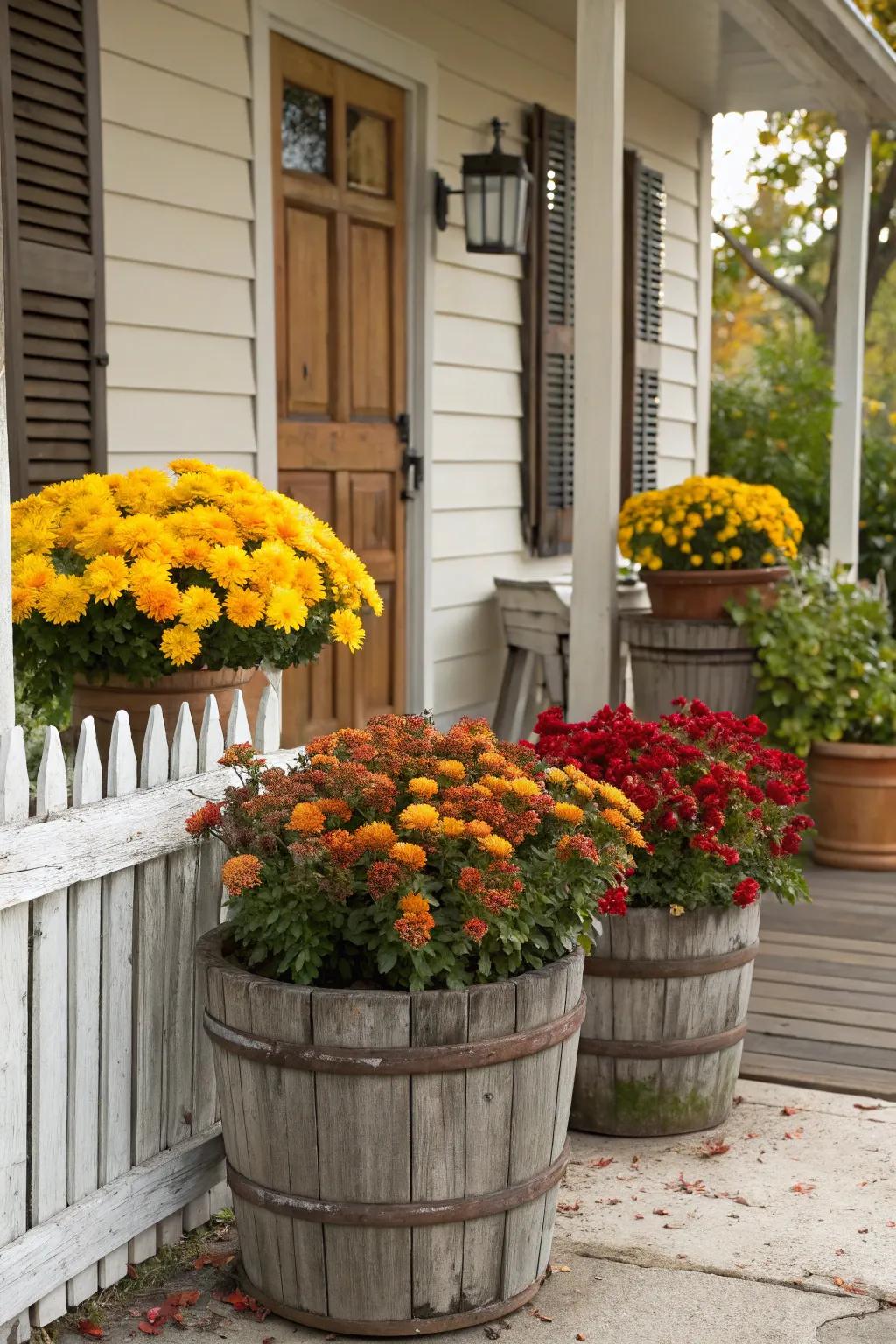 Marigolds in country-style pots enrich the scene with a burst of fall color.