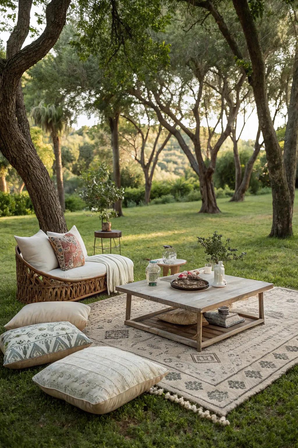 A captivating outdoor living zone sheltered by leafy trees.
