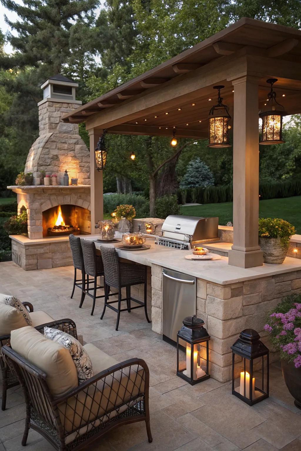 A fire element introduces warmth and allure, ideal for comfortable evenings.