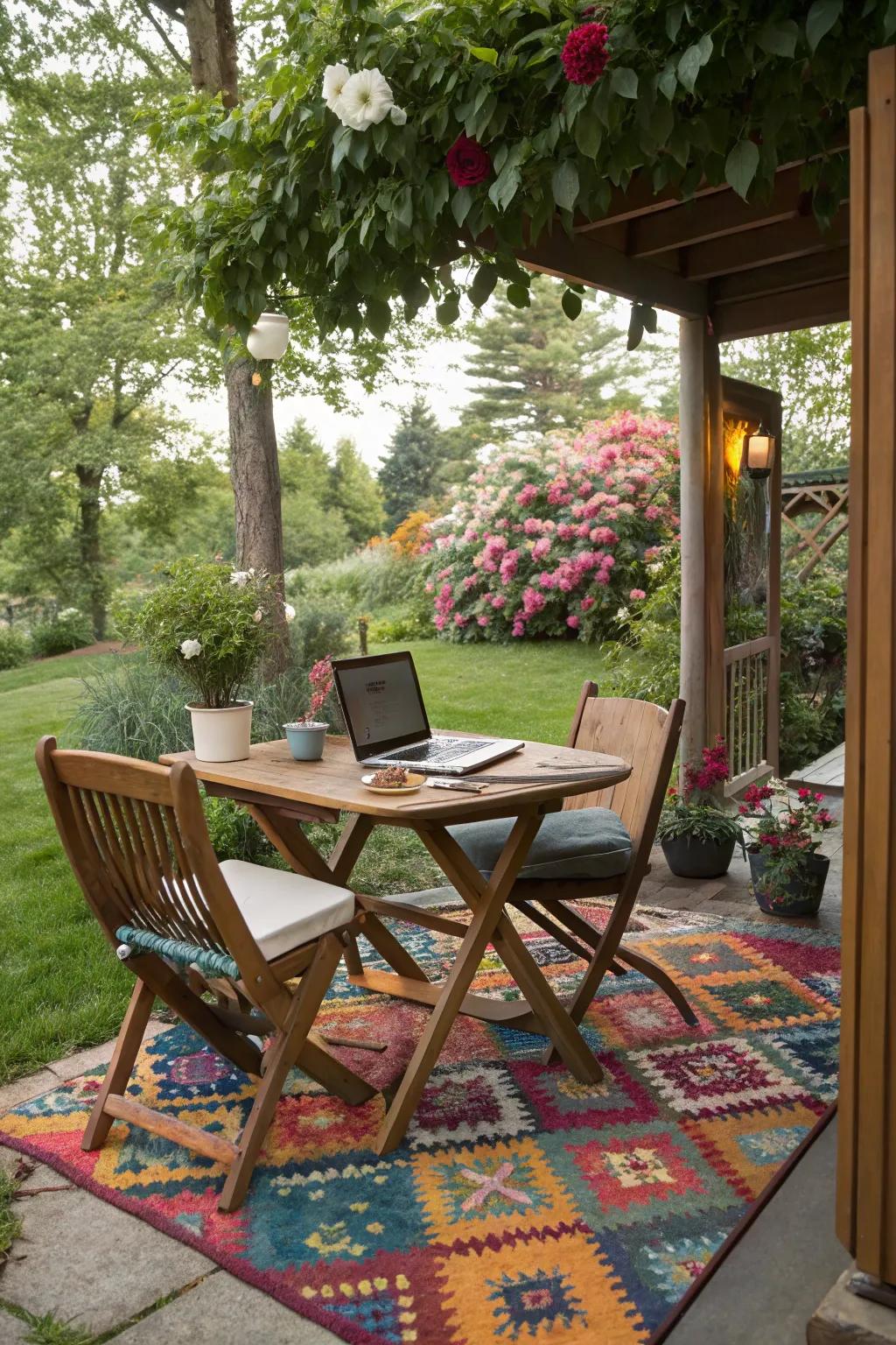 A warm rug provides style and coziness in your outdoor office.