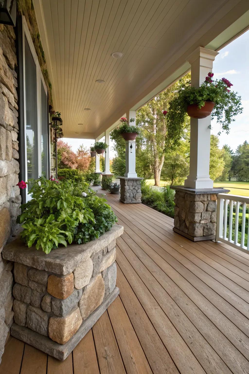 Timber and stone components fashion a harmonious bond with nature on this porch.